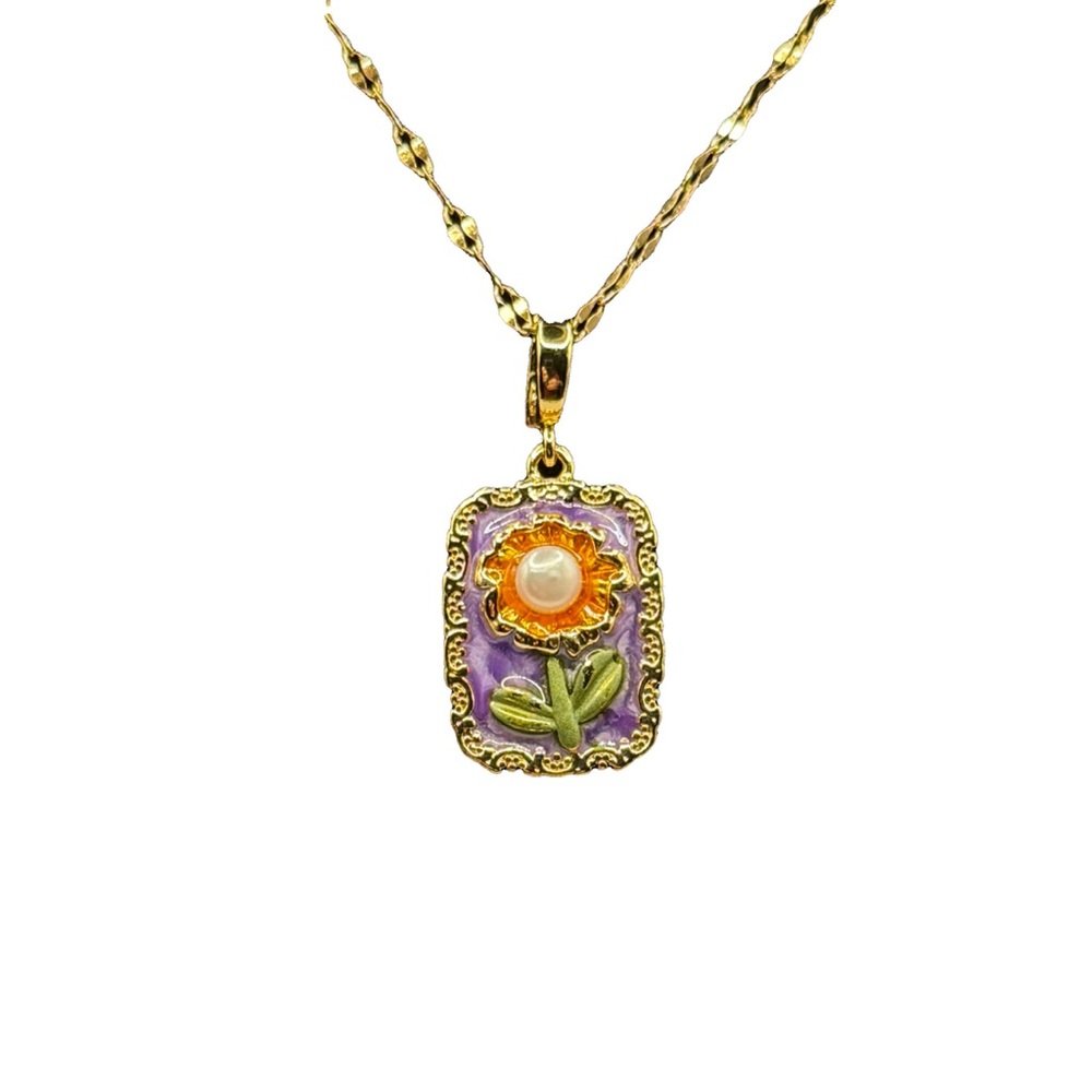 Vintage Pearl Sunflower Charm Necklace Enamel Art Pendant Gold & Purple
